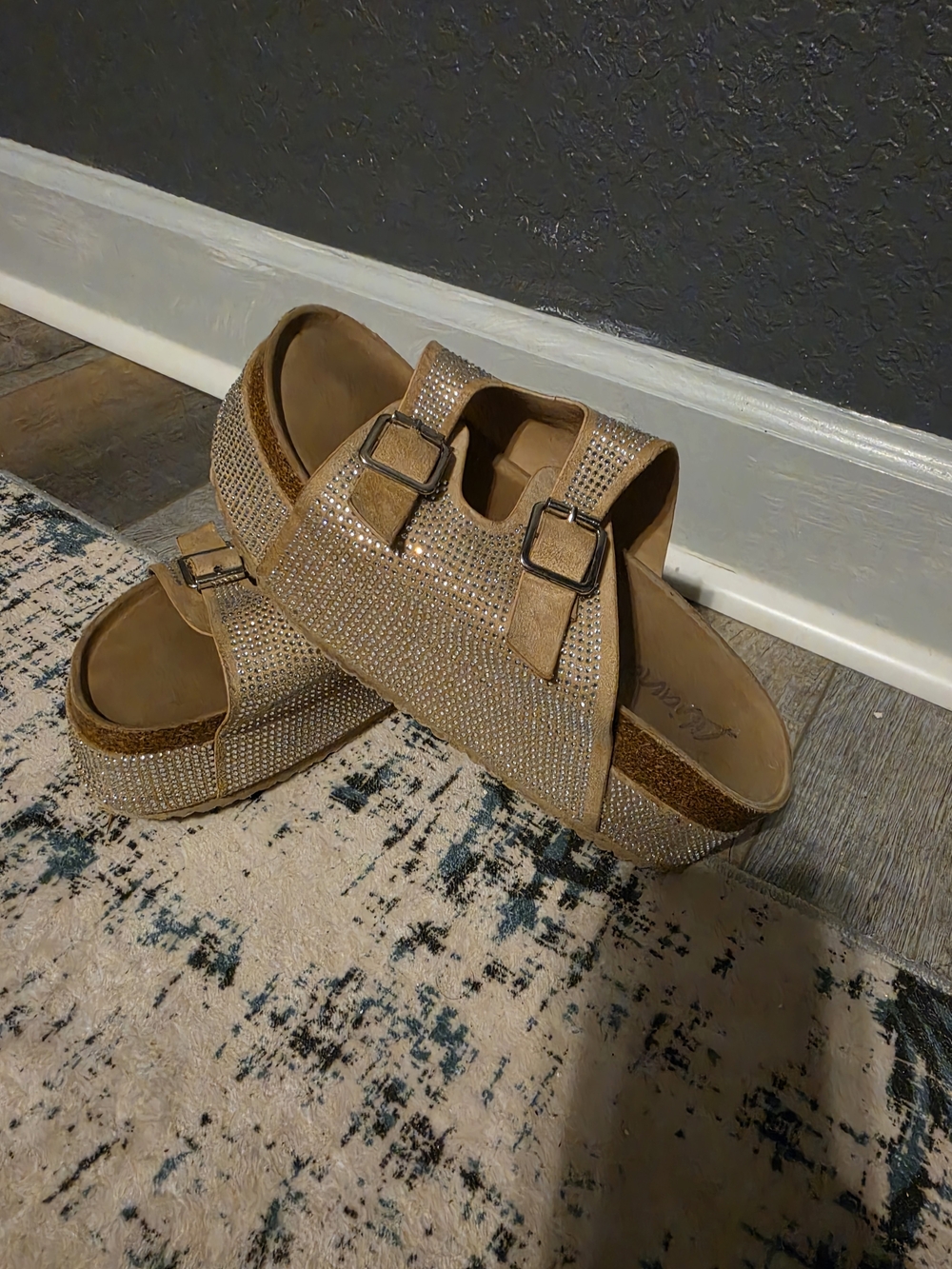 Rhinestone Embellished Tan Slide Sandals